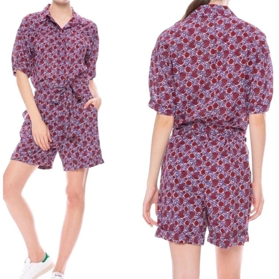 Xirena Romper Women Small Red Blue Floral Cotton Belted Grady Nwt Boho Luxury